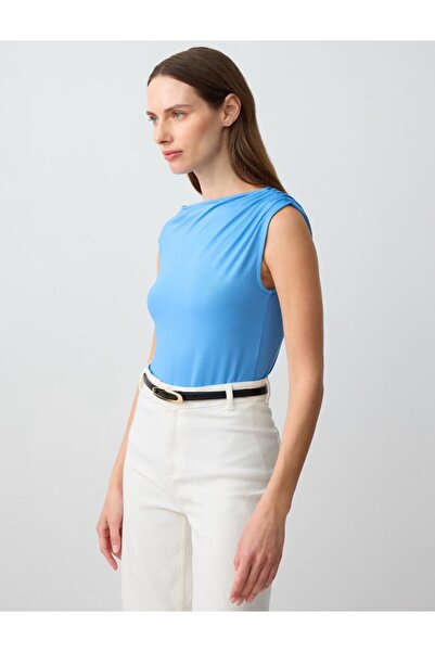 Jimmy Key Mavi Düz Kesim Kayık Yaka Tek Omuzlu Örme Bluz