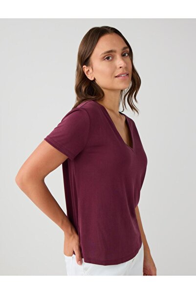 Jimmy Key Βασικό πλεκτό μπλουζάκι με κοντό μανίκι με λαιμόκοψη σε μπορντό