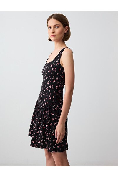 Jimmy Key Black Relaxed Fit Square Neck Sleeveless Floral Print Knitted Mini Dress