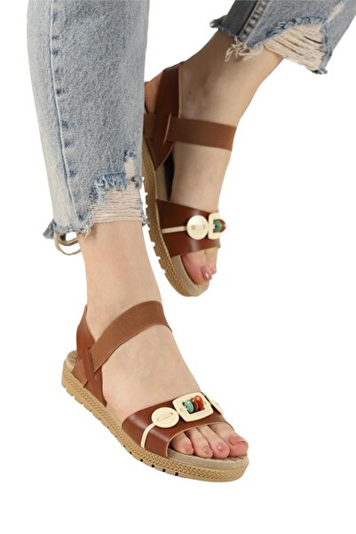 Liger Γυναικεία καθημερινά πέδιλα Tan - με ελαστικό και λεπτομέρεια από χάντρες