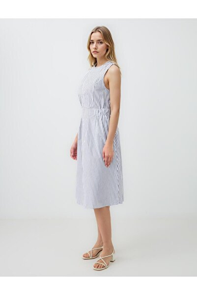 Jimmy Key Lacivert %100 Pamuk Kolsuz Açık Yaka Çizgili Midi Elbise