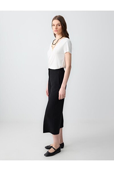 Jimmy Key Siyah Yüksek Bel Bol Paça Rahat Kesim Kısa Dokuma Pantolon