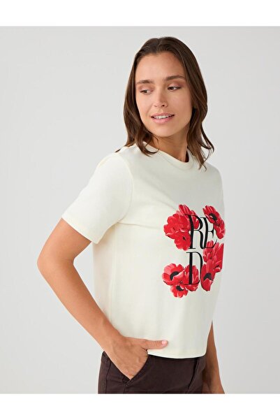 Jimmy Key Beyaz %100 Pamuk Bisiklet Yaka Çiçek Desenli Örme Tişört