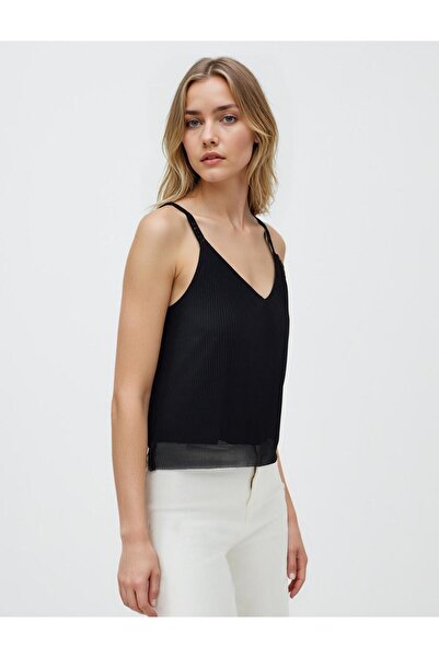 Jimmy Key Siyah Düz Kesim Askılı V Yaka Örme Bluz
