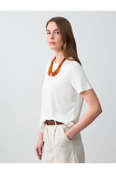 Jimmy Key Beyaz Bisiklet Yaka Kısa Kollu Örme Modal Tişört