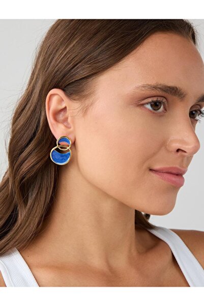 Jimmy Key Navy Blue Enamel Detailed Two Hoop Earrings