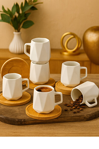 YzHome طقم منشوري من البورسلين الأبيض مكون من 6 فناجين قهوة بصحن من الخيزران