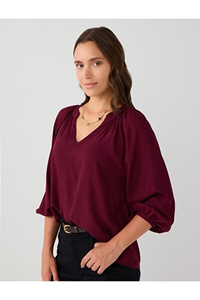 Jimmy Key Bordo V Yaka Truvakar Kol Rahat Kesim Dokuma Bluz