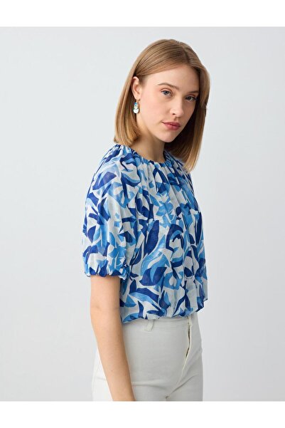 Jimmy Key Mavi Yuvarlak Yaka Karpuz Kollu Desenli Mesh Örme Bluz