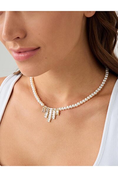 Jimmy Key Gold Color Pearl Detailed Asymmetrical Figured Adjustable Necklace