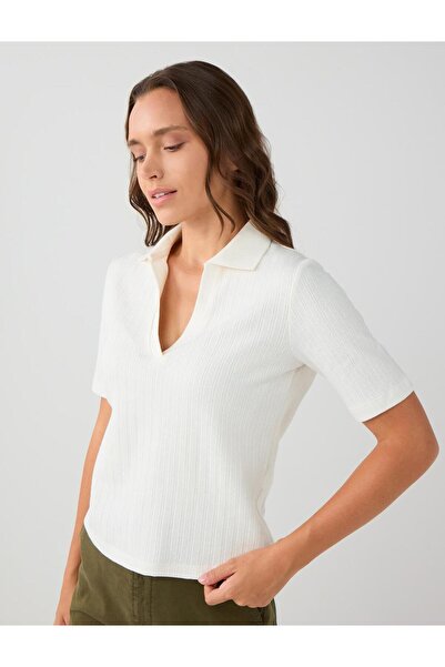 Jimmy Key Ecru 100% Cotton Short Sleeve Shirt Collar Knitted Blouse