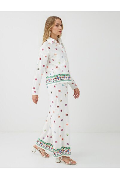 Jimmy Key Ekru %100 Pamuk Rahat Kesim Bol Paça Çiçek Desenli Pantolon