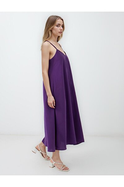 Jimmy Key Mor Rahat Kesim V Yaka Askılı Dokuma Midi Elbise