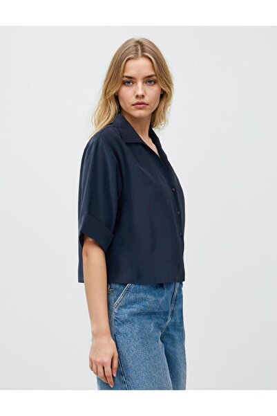 Jimmy Key Lacivert Düz Kesim Dirsek Kol Kısa Dokuma Gömlek