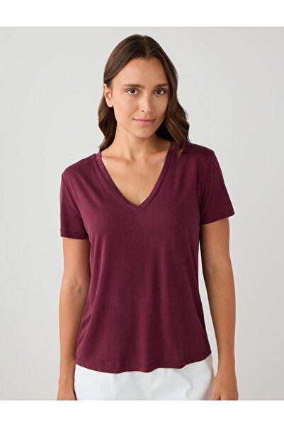Jimmy Key Βασικό πλεκτό μπλουζάκι με κοντό μανίκι με λαιμόκοψη σε μπορντό