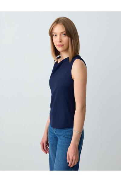 Jimmy Key Lacivert Düz Kesim Kayık Yaka Kolsuz Dokuma Bluz