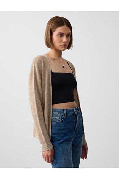 Jimmy Key Gold Open Collar Long Sleeve Glittery Knitwear Cardigan