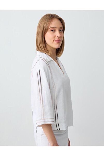 Jimmy Key White 100% Linen Relaxed Cut V-Neck Three Quarter Sleeve Striped Blouse