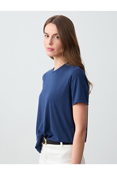 Jimmy Key Lacivert Bisiklet Yaka Kısa Kollu Örme Modal Tişört