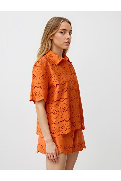 Jimmy Key Turuncu %100 Pamuk Bol Paça Yüksek Bel Desenli Şort