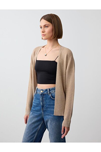 Jimmy Key Gold Open Collar Long Sleeve Glittery Knitwear Cardigan