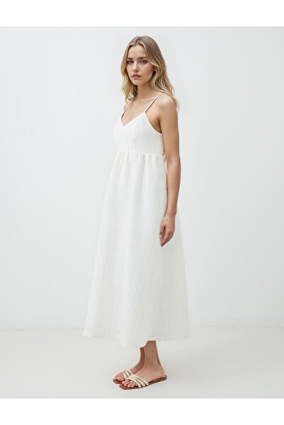 Jimmy Key Ekru Açık Yaka Askılı Midi Dokuma Elbise