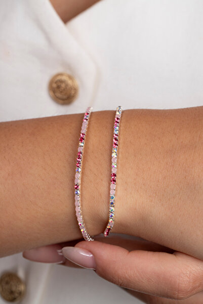 Elika Silver Kadın Elastik Işıltılı Renkli Su Yolu İkili Bileklik