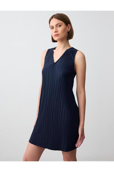 Jimmy Key Navy Blue Relaxed Cut V Neck Sleeveless Striped Knitted Mini Dress