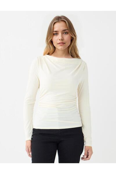 Jimmy Key Ecru Slim Fit Long Sleeve Degaje Collar Knitted Blouse