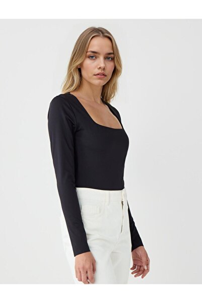 Jimmy Key Bluză tricotată cu mânecă lungă, cu decolteu pătrat negru, slim fit