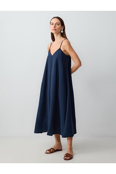 Jimmy Key Navy Blue Relaxed Cut V-Neck Strap Woven Midi Dress