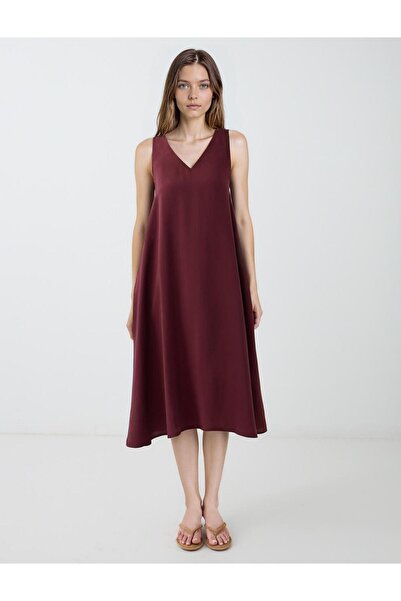 Jimmy Key Bordo V Yaka Bol Kesim Dokuma Elbise