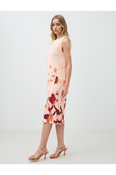 Jimmy Key Somon Pembe Yuvarlak Yaka Kolsuz Desenli Örme Midi Elbise