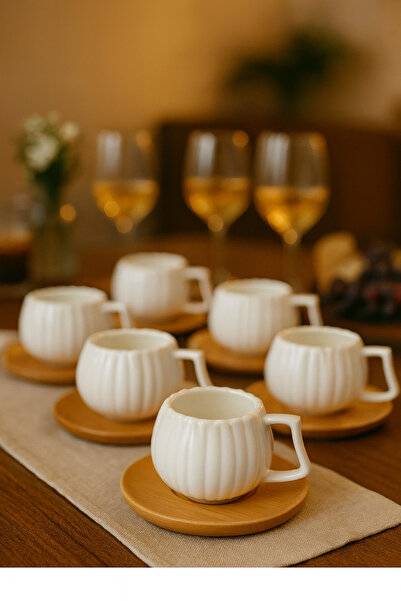 YzHome Daisy Coffee Cup Set with White Bamboo Saucer for 6 People 90 Ml