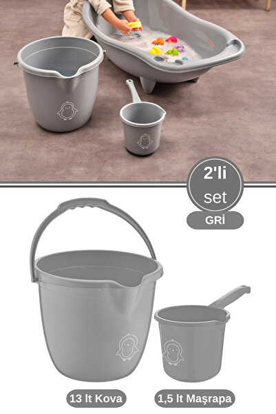 12den 2’li Bebek Banyo Su Kovası ve Maşrapası Seti, Saplı Oluklu Kova 13lt ve Maşrapa 1,5lt Set Gri