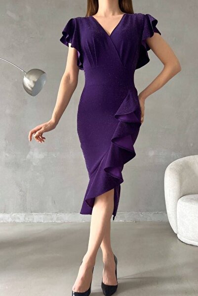 lovebox Kadın Mor Simli Kumaş Kruvaze Yaka Volan Detaylı Abiye Elbise 121