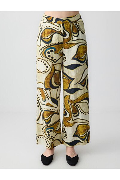 Jimmy Key Taş %100 Keten Rahat Kesim Yüksek Bel Bol Paça Desenli Pantolon