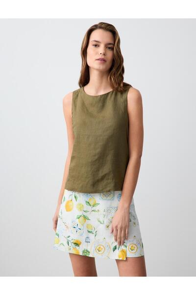 Jimmy Key Sarı Normal Bel Düz Kesim Desenli Keten Mini Etek
