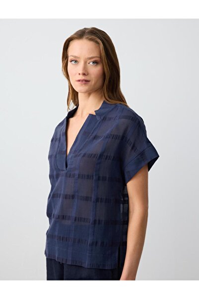 Jimmy Key Синя блузка з коротким рукавом, V-подібним вирізом та візерунком, з суміші льону