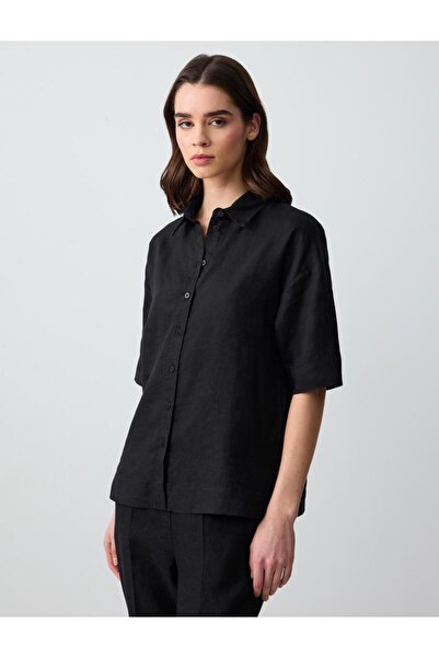 Jimmy Key Siyah %100 Keten Düz Kesim Kısa Kollu Dokuma Gömlek