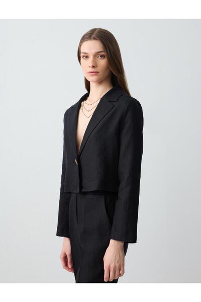 Jimmy Key Siyah %100 Keten Düz Kesim Uzun Kollu Kısa Ceket