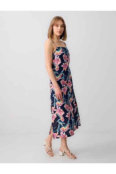 Jimmy Key Pembe Çiçek Desenli Askılı Keten Karışımlı Midi Elbise