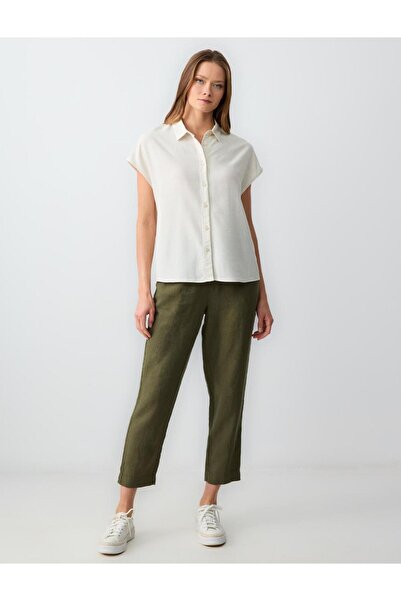 Jimmy Key Ecru Άνετο κοντομάνικο λινό πουκάμισο με ανάμειξη