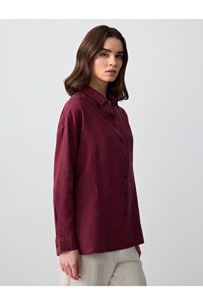 Jimmy Key Bordo %100 Keten Düz Kesim Uzun Kollu Dokuma Gömlek