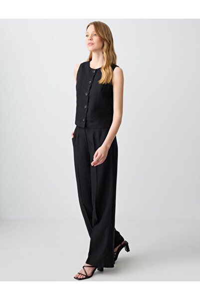 Jimmy Key Siyah %100 Keten Rahat Kesim Yüksek Bel Bol Paça Pantolon
