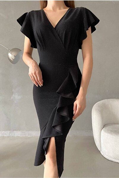 lovebox Kadın Siyah Simli Kumaş Kruvaze Yaka Volan Detaylı Abiye Elbise 121