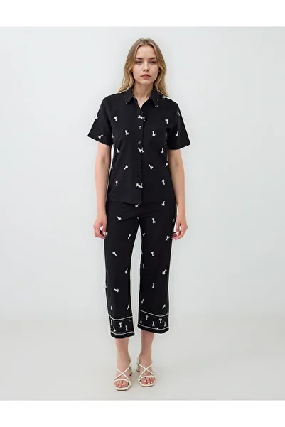 Jimmy Key Black 100% Cotton Wide Leg Palm Patterned Woven Trousers