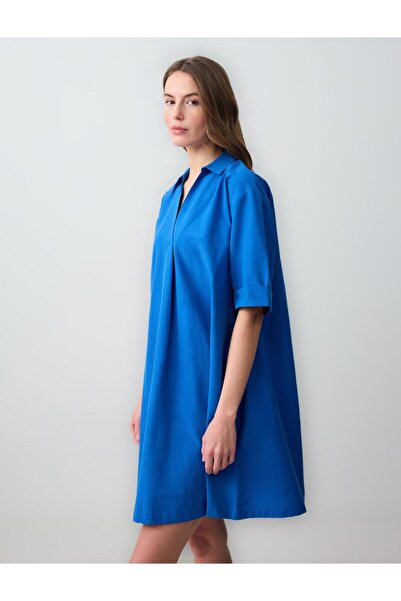 Jimmy Key Navy Blue Relaxed Cut Shirt Collar Elbow Sleeve Woven Mini Dress