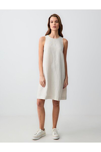 Jimmy Key Taş %100 Keten Bisiklet Yaka Kolsuz Mini Elbise