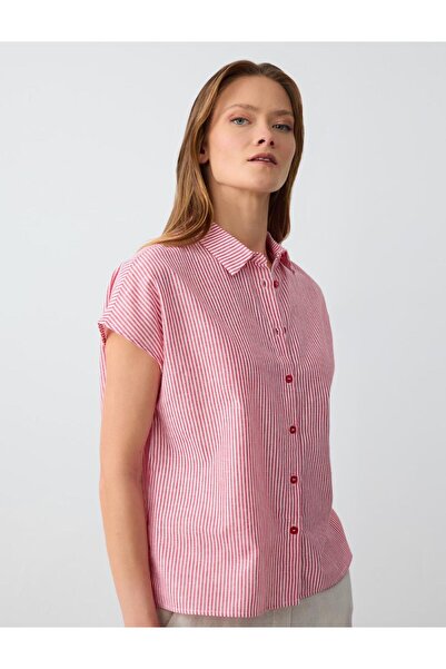 Jimmy Key Kırmızı Rahat Kesim Kısa Kollu Çizgi Desenli Keten Gömlek